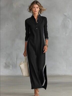 HALARA Black Maxi Polo Dress with White Trim